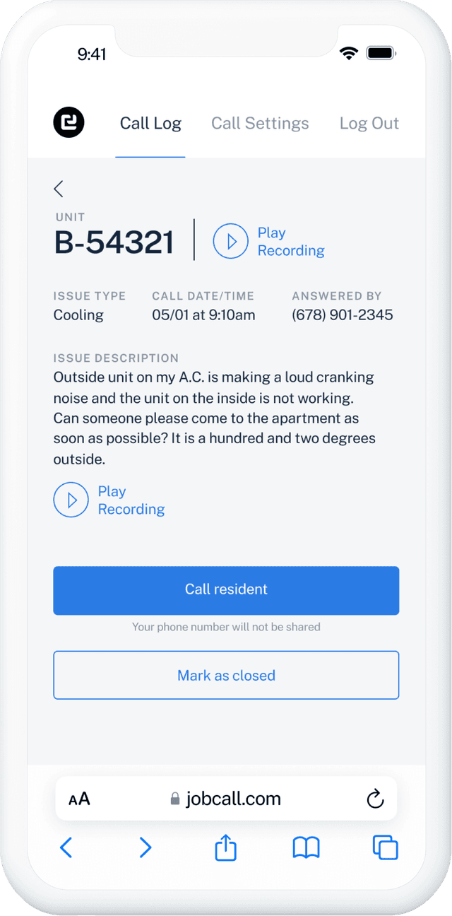 Call detail view with recording, transcription, and classification